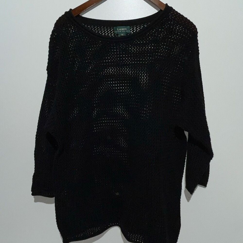 Lauren Ralph Lauren Women's Black Cotton Crochet Hand Knit Open Weave Sweater XL